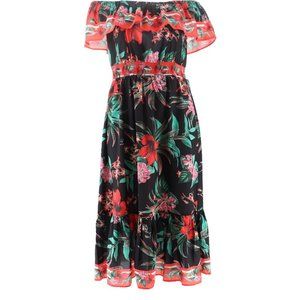 NEW‎ COLLEEN LOPEZ OFF-THE-SHOULDER BLACK/RED/GREEN FLORAL FLOUNCE DRESS LARGE